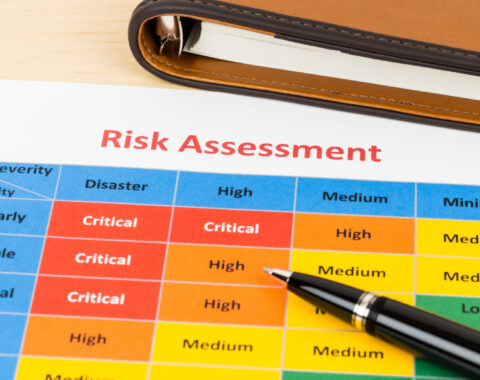 A piece of paper with a multicoloured table, pen and brown book are on a table. The paper is titled 'Risk Assessment' and is displaying which are critical, high, medium or low.